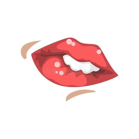 Sensual Female Mouth Biting Red Lower Lip Emotional Lips Of Young Woman Vector Illustration On