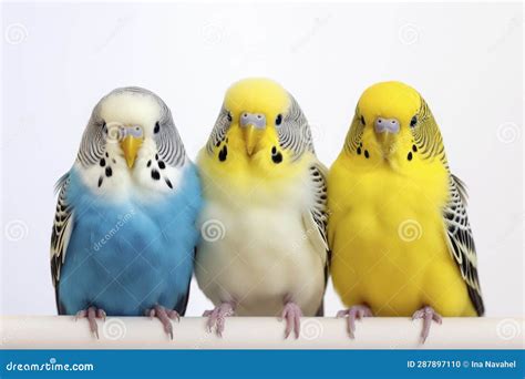 Three Budgies On A Branch On White Background Stock Photo Image Of