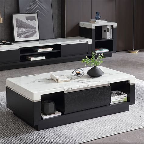 Modern Marble Coffee Table With Storage And Drawers In Wood