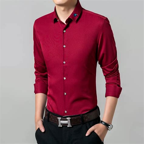 New 2016 Solid Dress Men Shirt Long Sleeve Slim Fit Formal Wedding Shirts Red Stretch Business