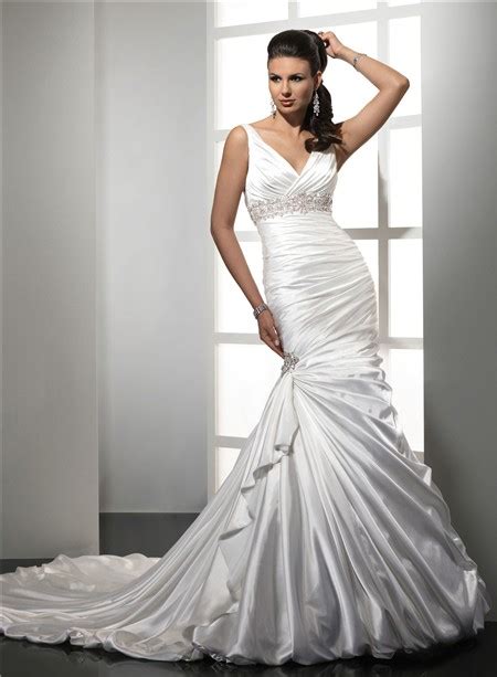 Trumpet/ Mermaid Empire V Neck Satin Wedding Dress With ...