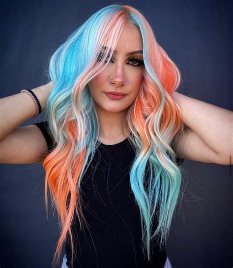 Crazy Hair Color Ideas Long Hair With Peach And Blue Hair Color