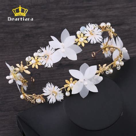 Handmade White Flower Headband Tiaras Wedding Bridal Jewelry Crown