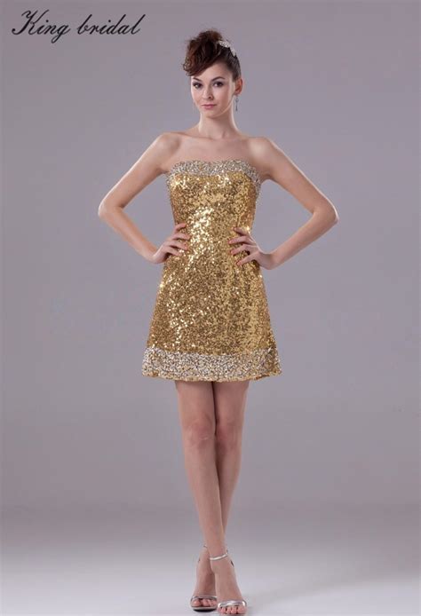 Sparkling Gold Sequined Material Sheath Column Short Cocktail