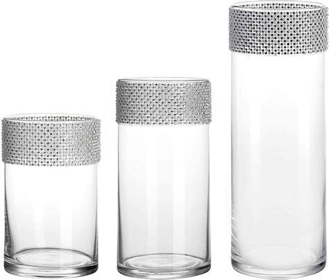 Whole Housewares Glass Cylinder Vases With Rhinestone Set Of 3 Decorative