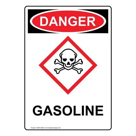 Osha Ghs Gasoline Sign Vertical Danger With Symbol