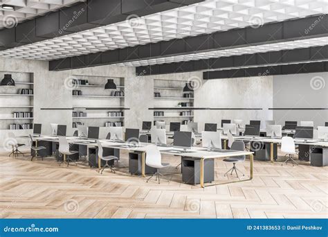 Gray Concrete And Wooden Coworking Office Interior With Multiple