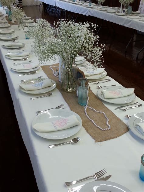 rehearsal dinner decor idea; burlap with white tablecloth? mismatched