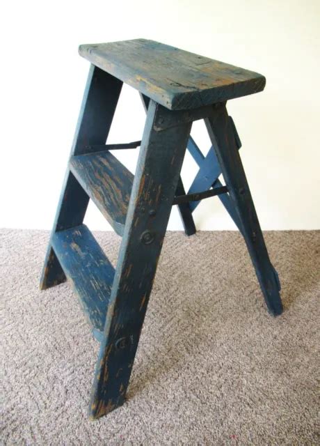 Vintage Wood Step Stool Ladder 22 Tall Old Blue Paint Primitive 59