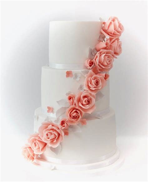 Coral Pink Floral Cascade Wedding Cake Contemporary Wedding Cakes