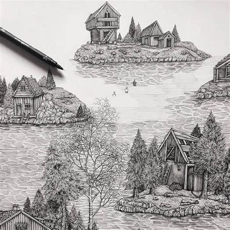 Artist Meticulously Creates Pen And Ink Drawings Of Dreamy Landscapes