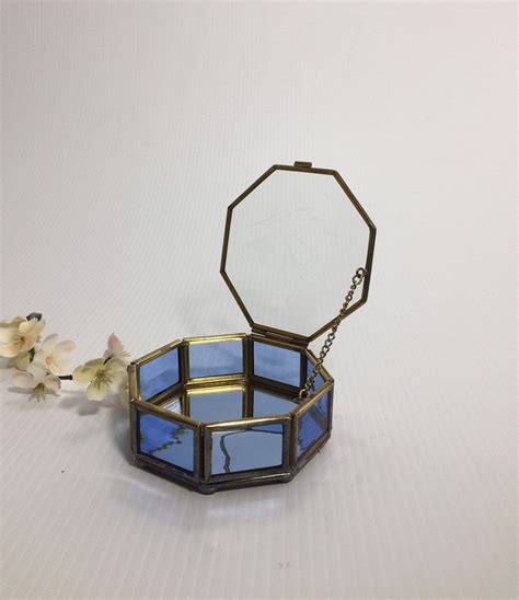 Small Octagon Glass Trinket Keepsake Box With Brass Trim And Etsy Glass Trinket Box