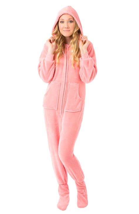 Pink Hooded Footed Plush Onesie For Women Apparels Fly