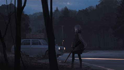 Wallpaper Anime Girls Dark Background Night Forest Car Roadside