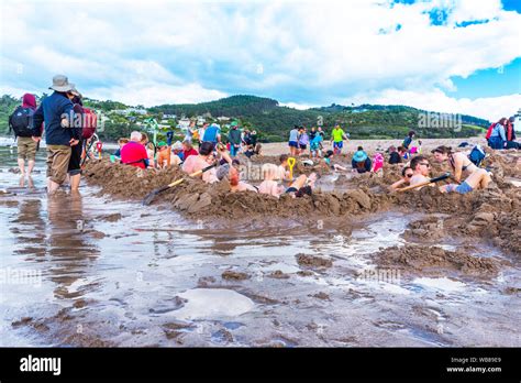 Coromandel New Zealand October 13 2018 Tourists Dig Holes In The