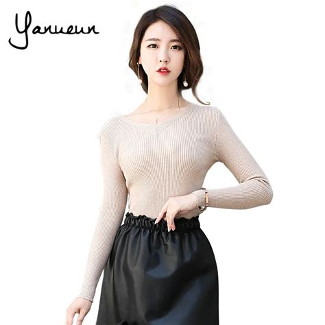 Yanueun Korean Fashion Women Jumper Elegant V Neck Slim Casual Knit Sweater Pullover Long Sleeve