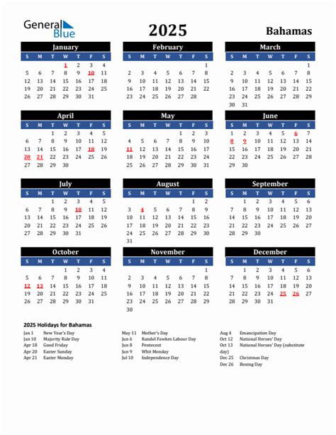 2025 Bahamas Calendar With Holidays