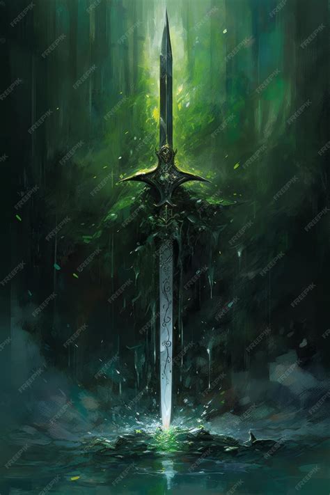 Premium Ai Image Illustration Of A Sword Stuck In A Rock With Green