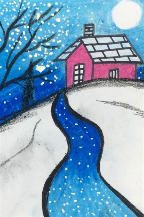 How To Draw Snowfall Scenery In Winter Season Art Drawings For Kids