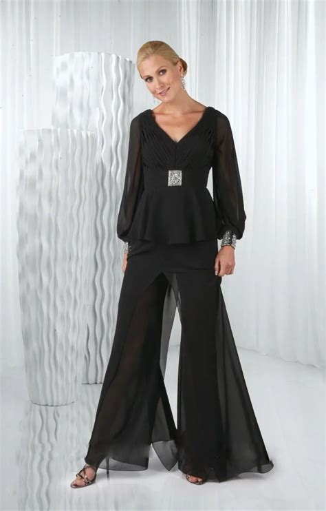 Fashion Two Pieces Chiffon Black Mom S Pant Suits Sheer Back Lady