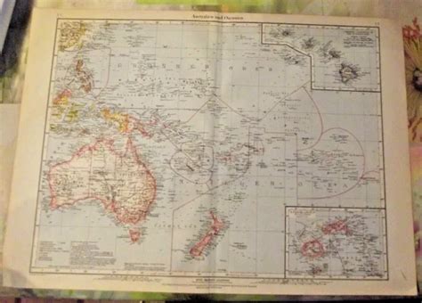 Old School Map Continent Oceania Australia Fiji Vintage Atlas 1957 In