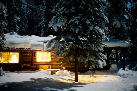 Cozy Log Cabin At Moon Lit Winter Night By Pilens Vectors