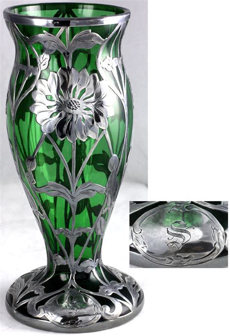 Antique Matthews Company Silver Overlay Green Glass Vase Sold On Ruby Lane