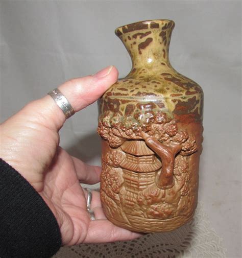 Vintage Japanese Pottery Vase With Applied Or Carved Pagoda Etsy