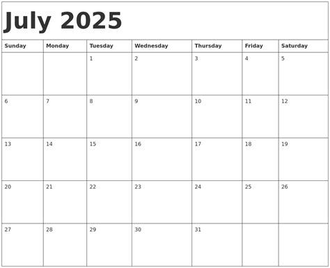 July 2025 Calendar Template