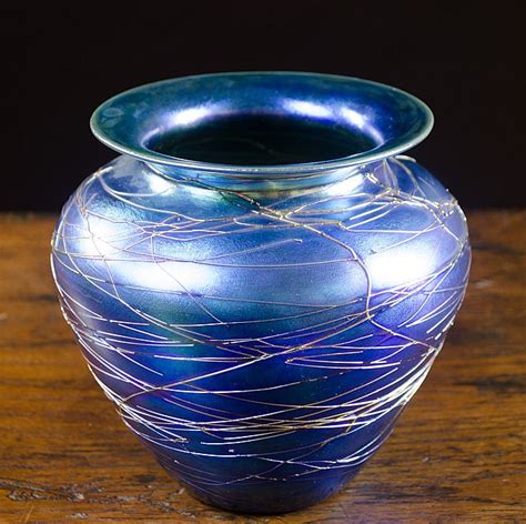 Sold Price Durand Art Glass Vase Blue Iridescent With High S August