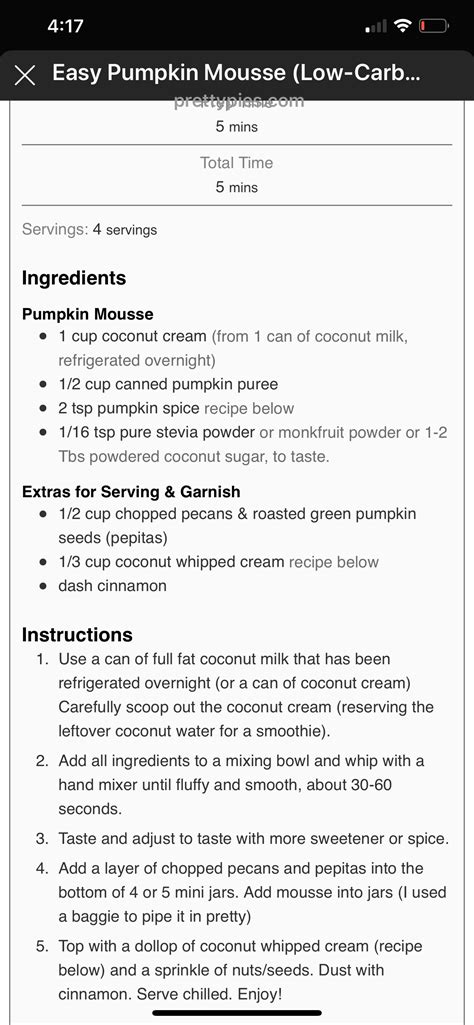 An Iphone Screen Showing The Instructions For Pumpkin Mousse Low Carb Recipe
