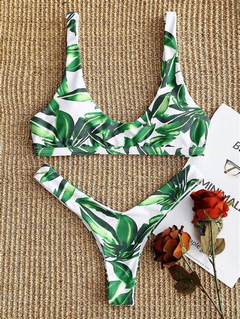 33 Off 2019 Leaf High Cut Bikini Set In White And Green Zaful