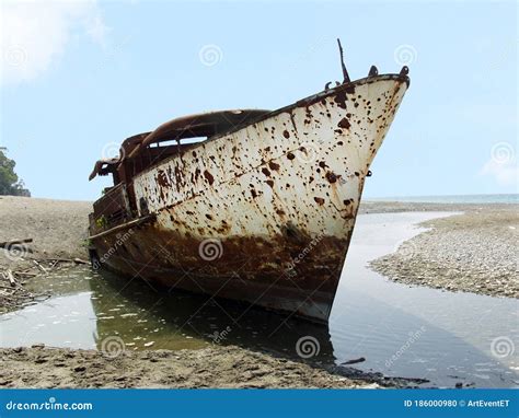 Shipwrecked Old Rusty Wreck Abandoned In The Sea Water The Birds Made