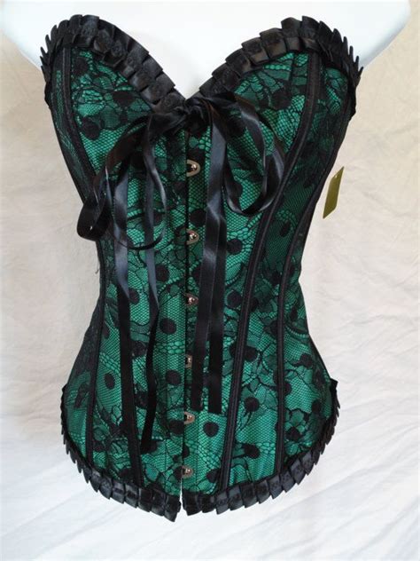 Green Satin And Black Lace Corset With Black Contrast Detail Hook