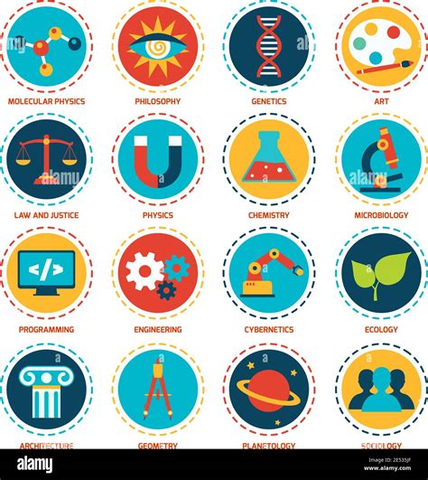Science Areas Icons Set With Molecular Physics Philosophy Genetics Art Isolated Vector
