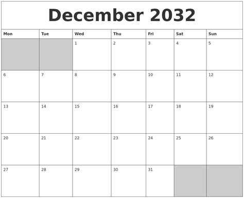 December 2032 Blank Printable Calendar