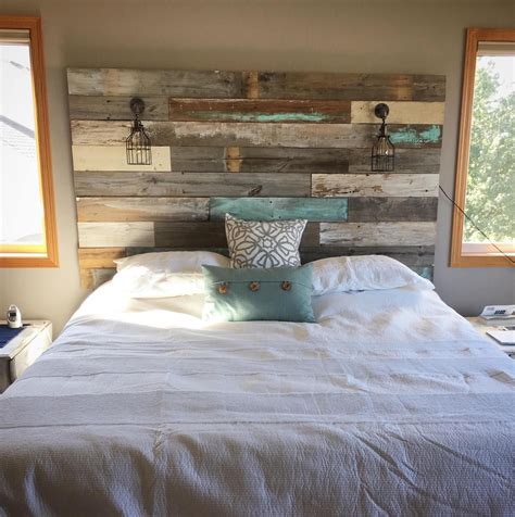 King size natural headboard with lights king size bed. Farmhouse Rustic chippy paint cottage whitewashed grey ...