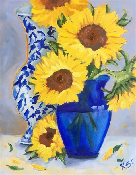 Original Oil Painting Sunflowers In Blue Vase Floral