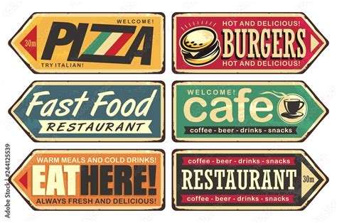Retro Signs Collection Vintage Sign Posts Set For Cafe Pizza Burger