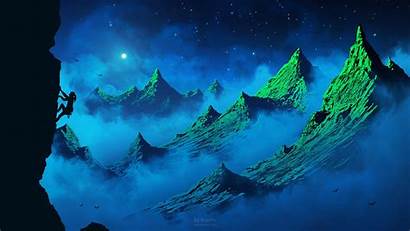 Mountains Silhouette Climber Birds Moon Fog Background