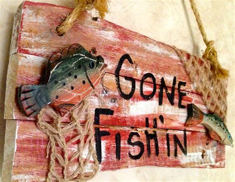 Gone Fishing Sign Recycled Wood Hand Painted With Wood Fish And