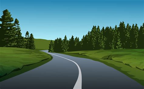 Road In Sunny Day By Meadow And Pine Trees 6326649 Vector Art At Vecteezy