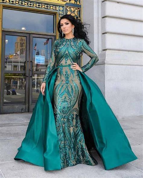 Luxury Mermaid Green Sequins Arabic Evening Dresses Women Formal Gowns With Detachable Train