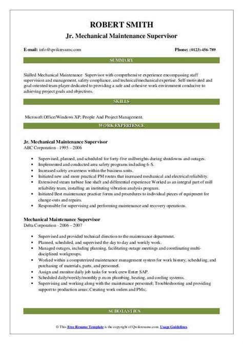 Use our professional maintenance supervisor resume examples & samples to build a flawless maintenance supervisor resume. Mechanical Maintenance Supervisor Resume Samples | QwikResume
