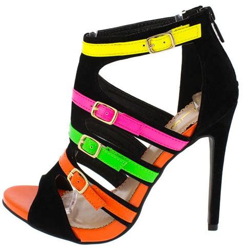 Multi Colored Neon Strappy Buckled Peep Toe Stiletto Heel Sandal Us 5