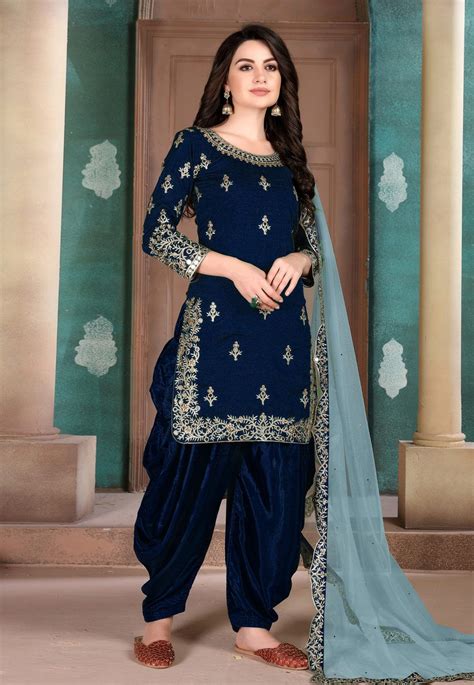Buy Navy Blue Art Silk Embroidered Punjabi Suit Online At Lowest Price From Huge