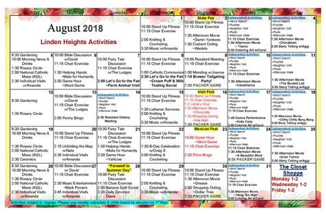 Waukesha Assisted Living Activities Calendar August 2018 Lindengrove