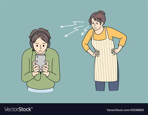 Angry Mom Scold Teen Son Overuse Cellphone Device Vector Image