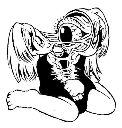 A Black And White Drawing Of A Girl With An Eyeball On Her Face Laying Down