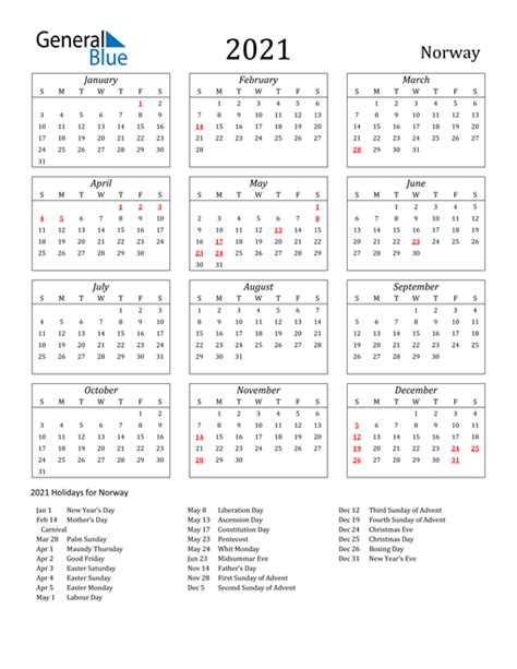 2021 Norway Calendar With Holidays
